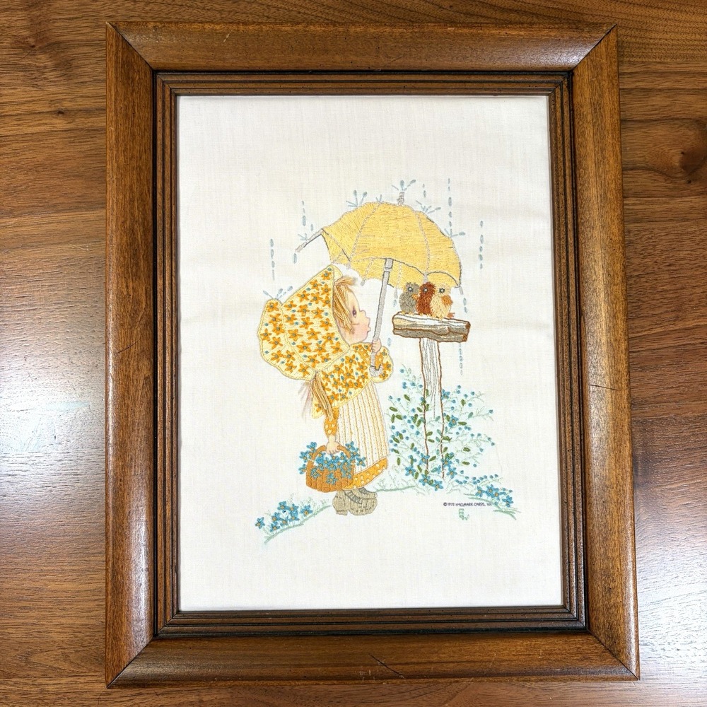 Vtg Wood Framed Minerva Spring Crewel Picture Betsy's Friends Little Girl 1975